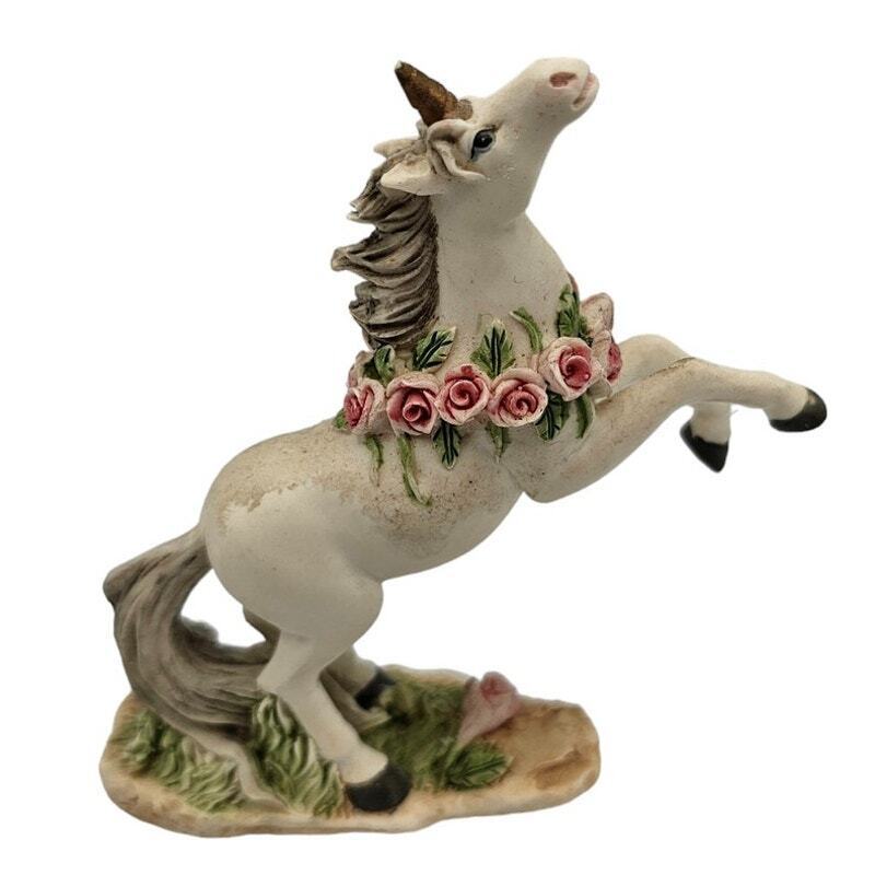 Vintage 1990s Painted Unicorn Figurine Figure White w/ Roses Rearing