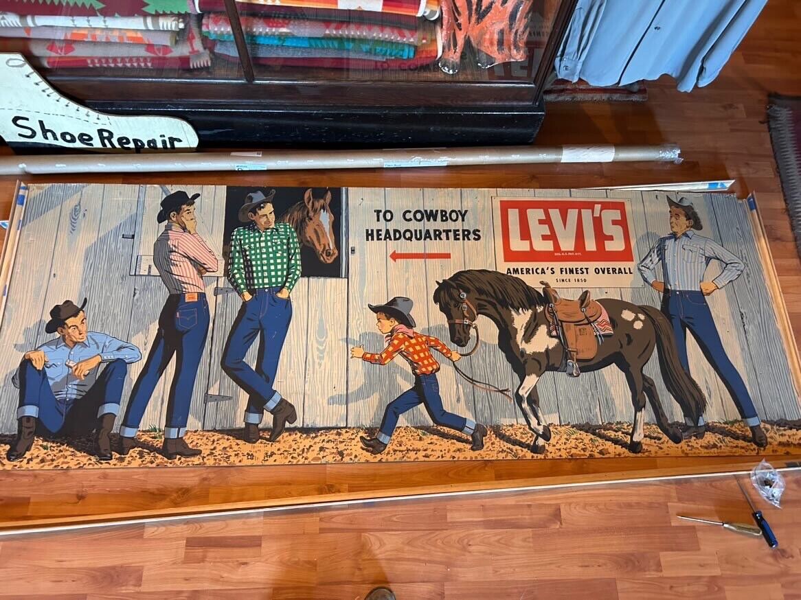 VTG Antique 1940s 1950s Levi\'s Store Ad Display Banner Poster BIG sign 8x3’ RARE