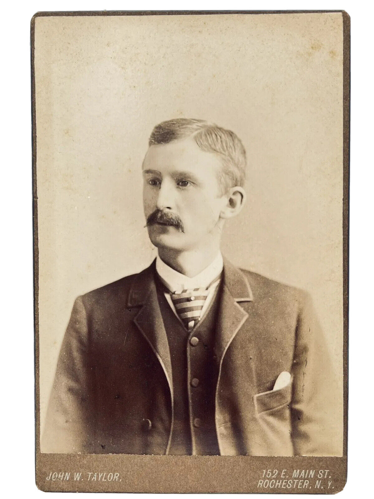 ROCHESTER NY Mustached Man Nice Tie And Pin Brown Victorian Cabinet Card