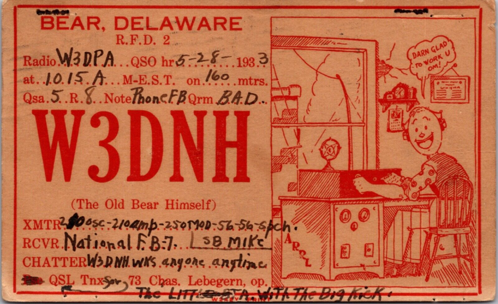 1933 QSL Ham Radio Calling Card Postcard W3DNH Bear, Delaware