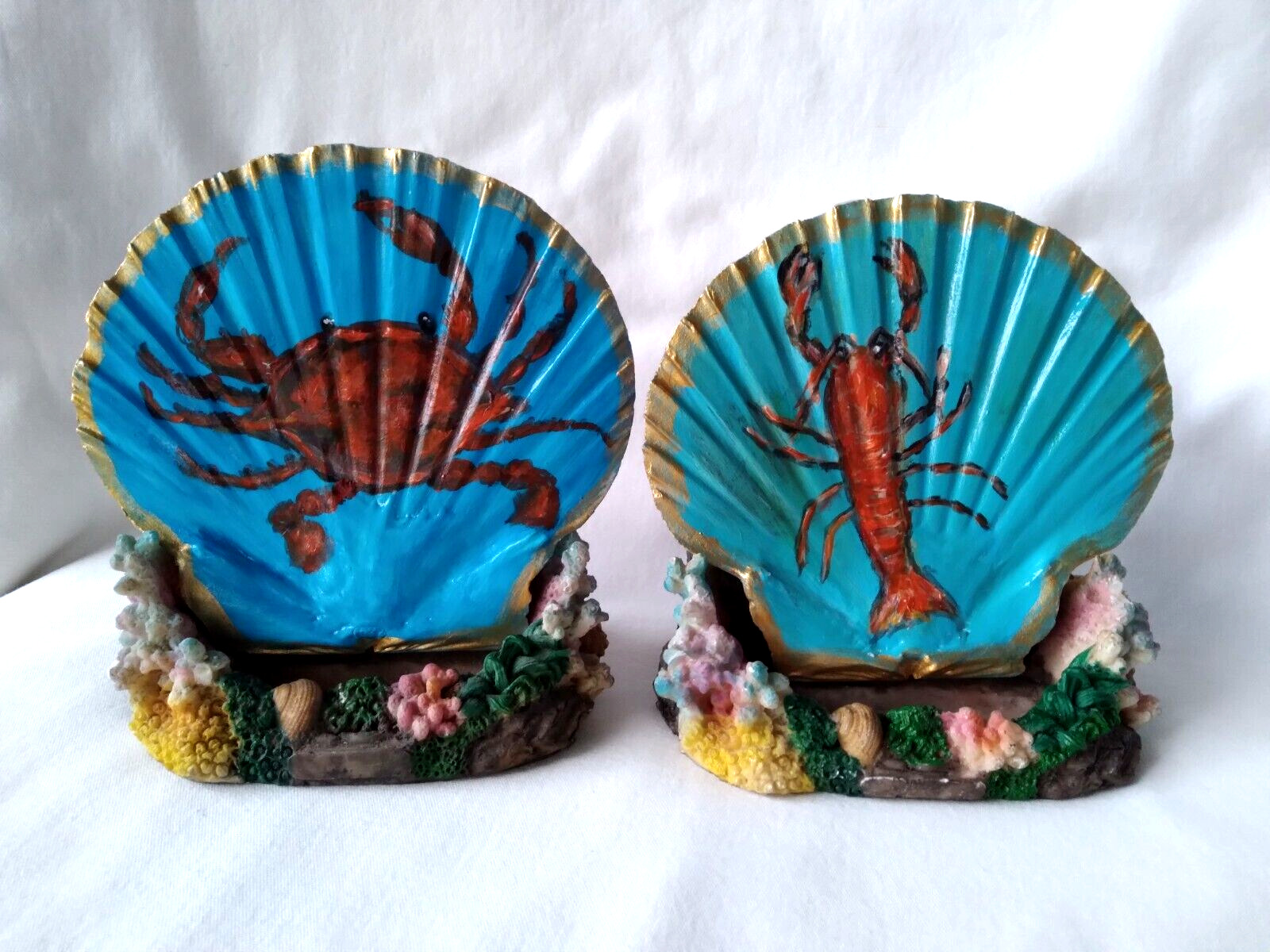 2 Lot Hand Painted Craw Fish Crab Seashell Stand Coastal Seaside  Home  Decor