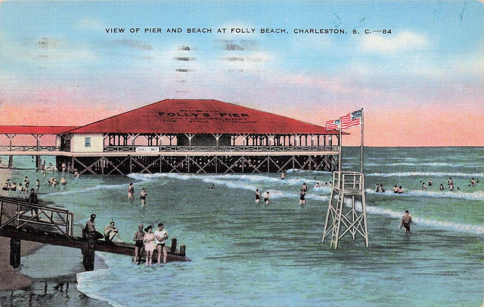 Charleston SC Folly Beach Fishing Pier Soldiers Mail to Nurse Vtg Postcard D58