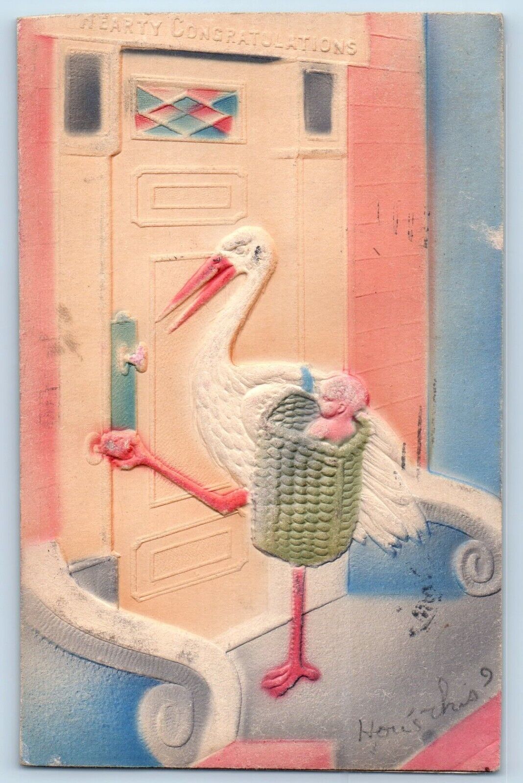 Fort Wayne Indiana IN Postcard Hearty Congratulations Stork Baby On Basket 1907