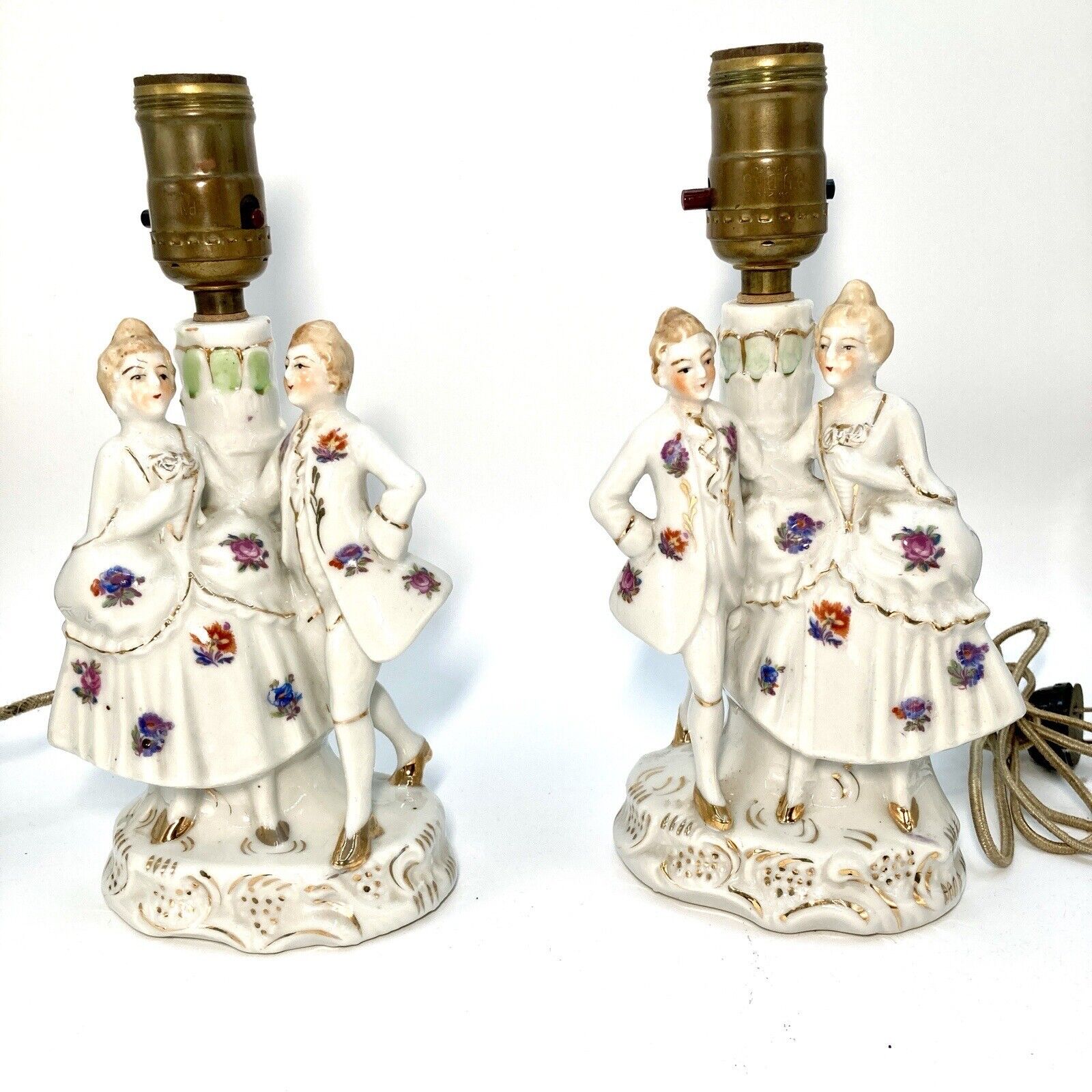 2 Lamp Bases - Colonial Man and Woman Courting / Marriage Ceramic Vintage