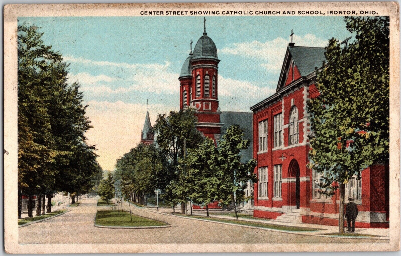 1918 Vintage Postcard Ironton Ohio Center Street Catholic Church & School