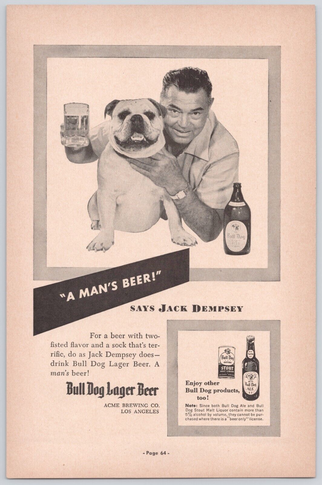 Vintage Print Ad Bull Dog Beer Jack Dempsey \