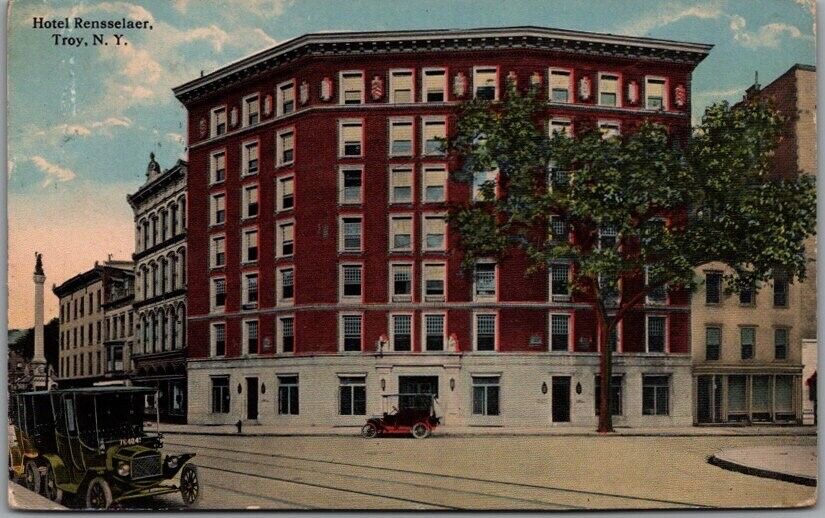 Vintage TROY New York Postcard HOTEL RENSSELAER Street View - 1914 Cancel