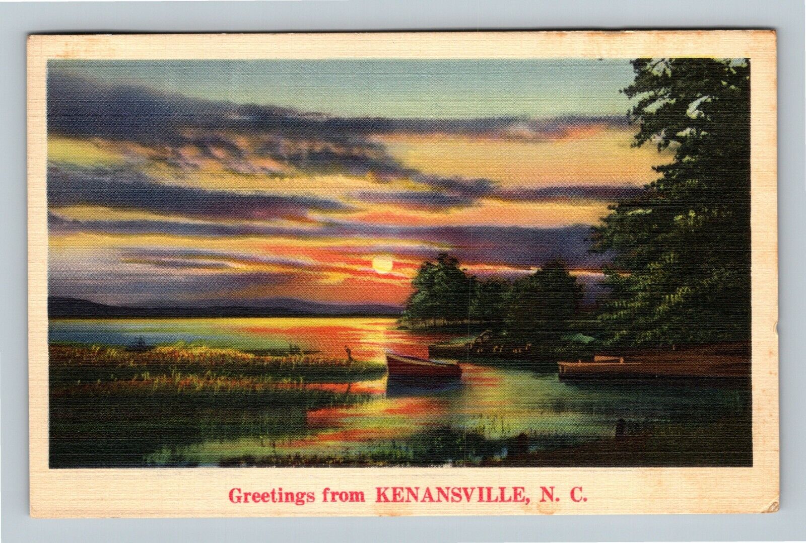 Kenansville NC Greetings Scenic Sunset Lake Linen, North Carolina c1939 Postcard