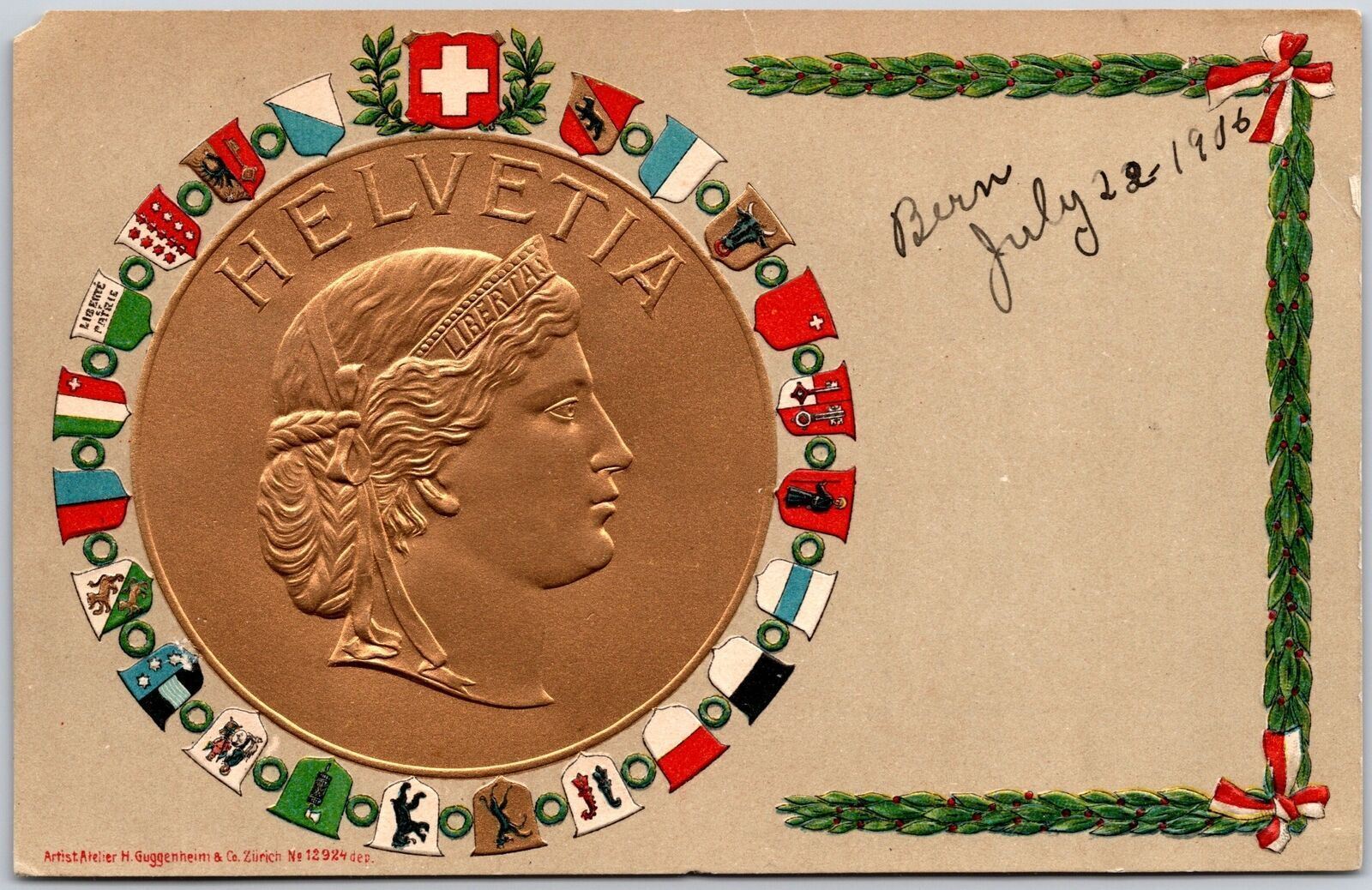 Helvetia French Art Nouveau Medal Face Statue Embossed Back Postcard