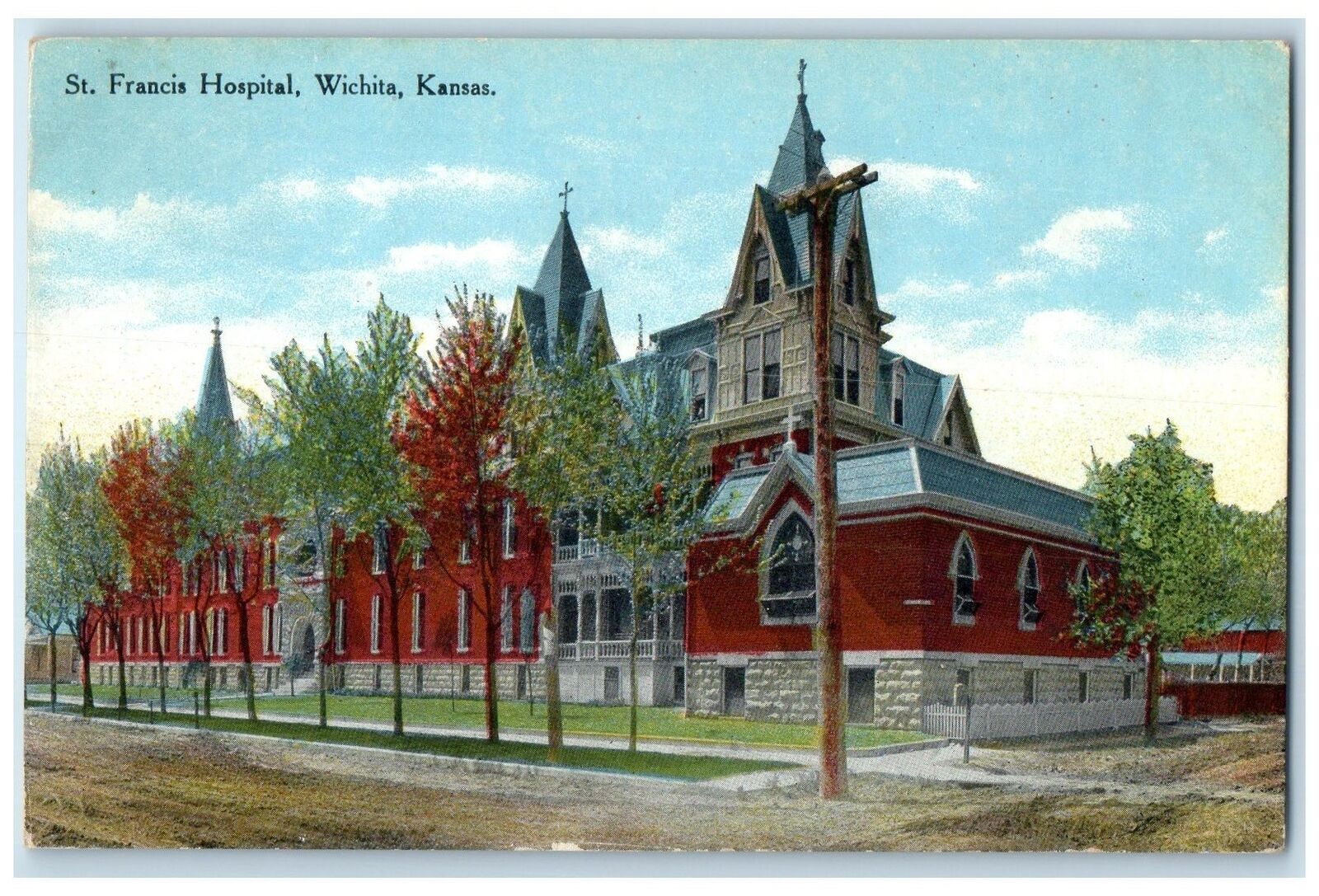 c1910's St. Francis Hospital Dirt Road Building Cross Tower Wichita KS Postcard