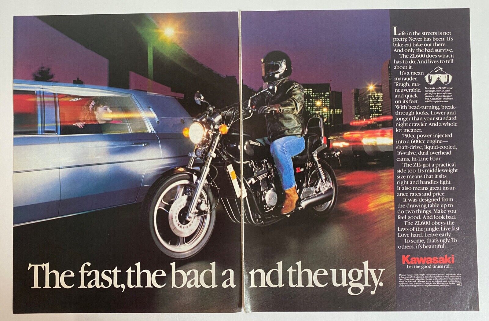 1986 KAWASAKI ZL600 MOTORCYCLE LIMO CITY - ORIGINAL 2 PAGE AD