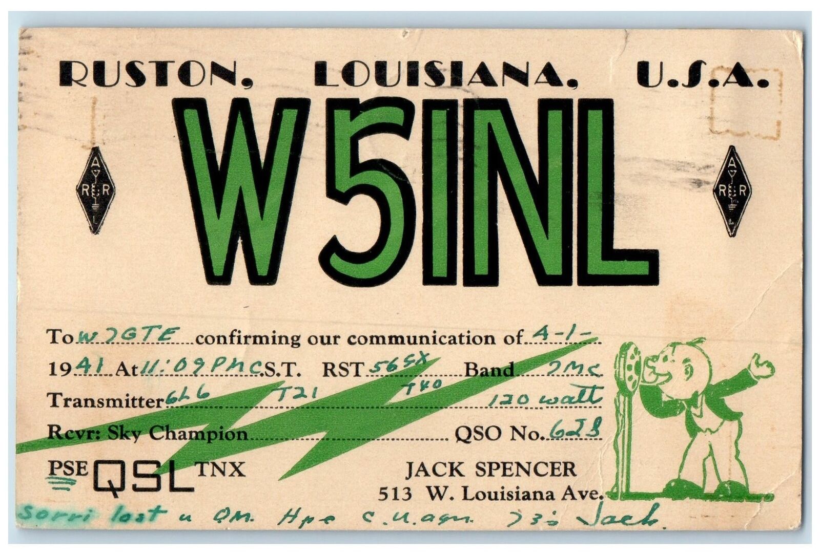 1941 QSL Ham Radio W5INL Ruston Louisiana LA Posted Radio Card Scene Postcard