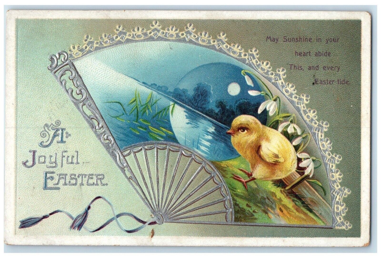 c1910s Easter Silver Fan Baby Chick Flowers Clapsaddle Embossed Antique Postcard