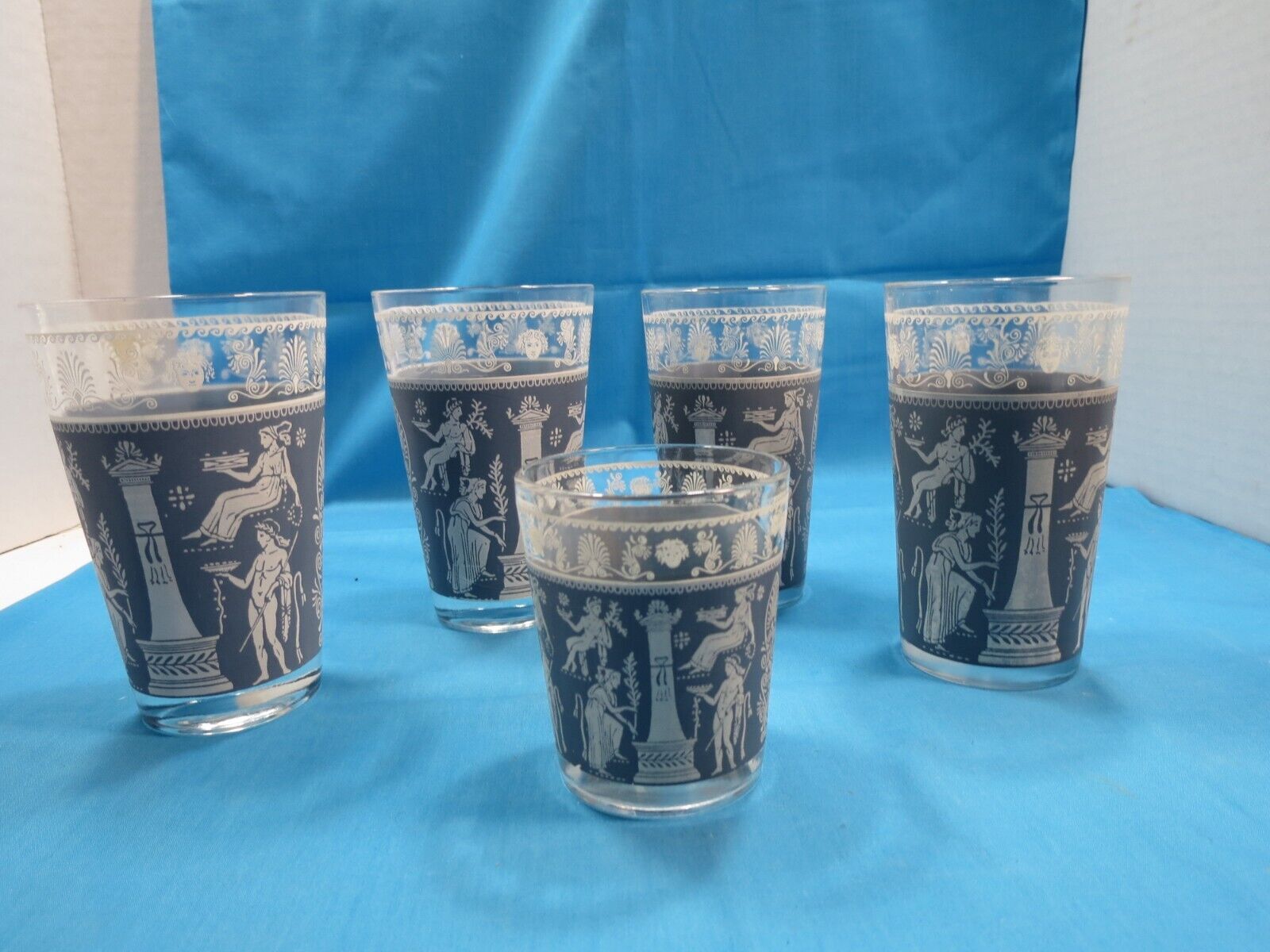 MID CENTURY MODERN Jeanette Hellenic Blue Jasperware 5 GLASSES