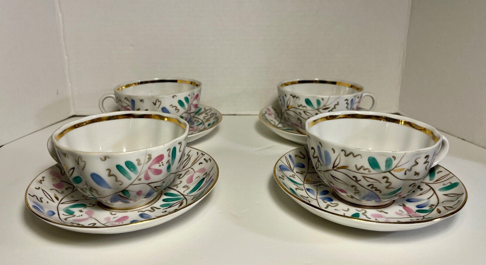 RARE USSR Period Lomonosov 22kt Gold Trim SWEET PEA Pattern Porcelain Tea Set