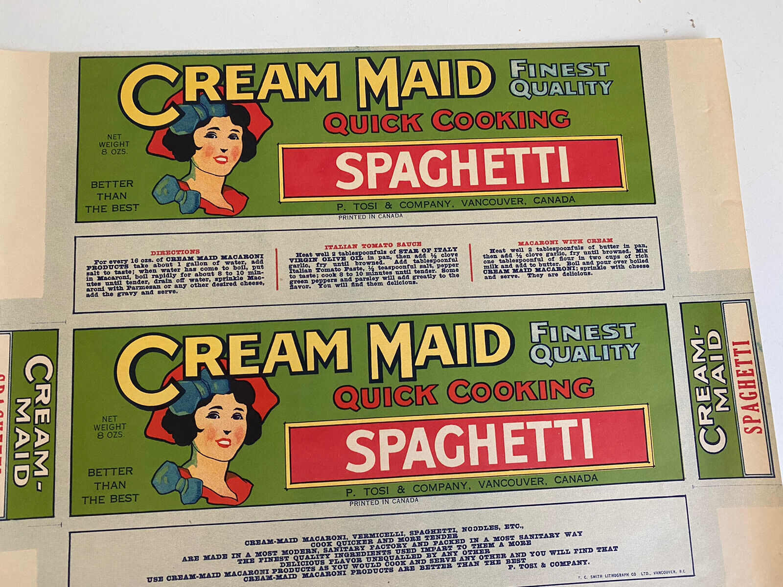 Vintage Cream Maid Spaghetti Box Label P. Tosi & Company Vancouver Canada