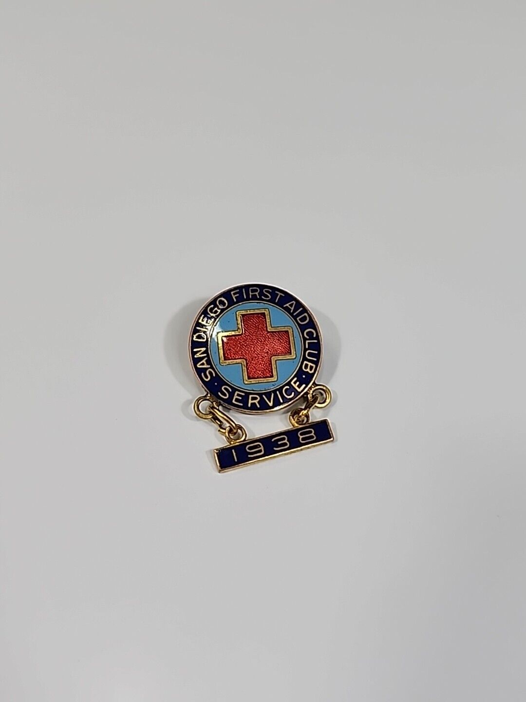 San Diego First Aid Club Service Lapel Pin Dangling Date 1938 Vintage