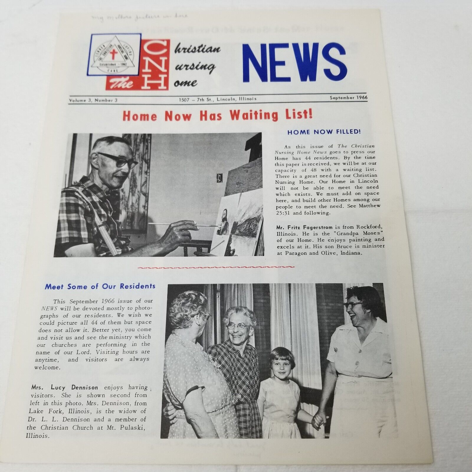 Christian Nursing Home Newsletter September 1966 Joliet Illinois Waiting List