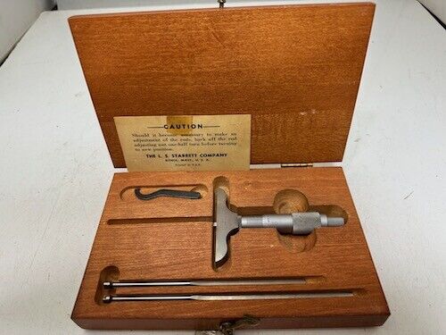 VINTAGE LS STARRETT 0-3 449 DEPTH MICROMETER, Non Rotating Wooden Case, Wrenches