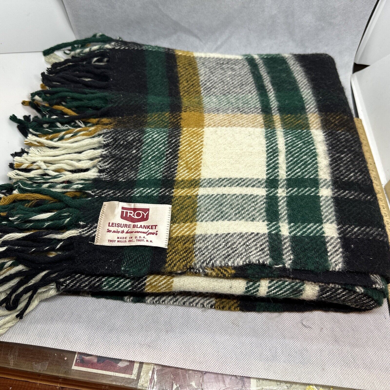 Vintage Troy Robe Blanket Mills Wool blanket plaid tartan Green 65x72 