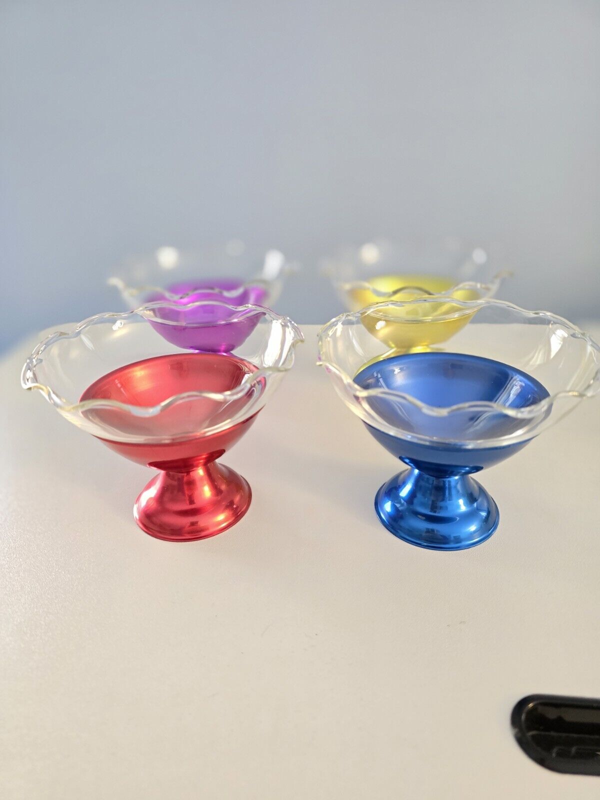 4 Vintage Colorama MCM Aluminum Glass Insert Dessert Sherbert Bowls Multi Colors