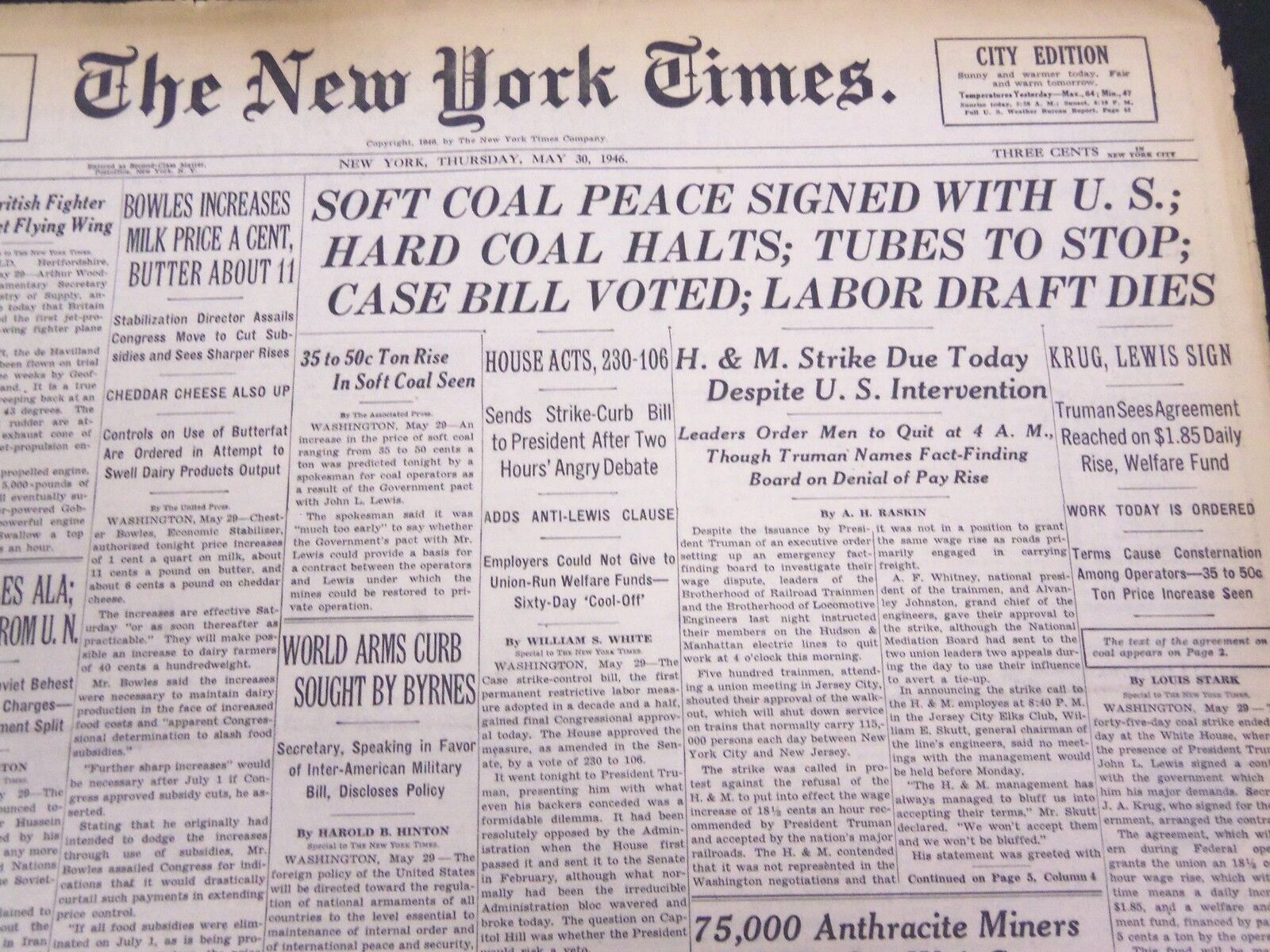 1946 MAY 30 NEW YORK TIMES - SOFT COAL PEACE SIGNED - NT 4239