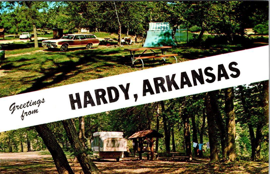 Hardy AR Arkansas BANNER GREETINGS Camping~Tents SHARP~FULTON COUNTIES Postcard