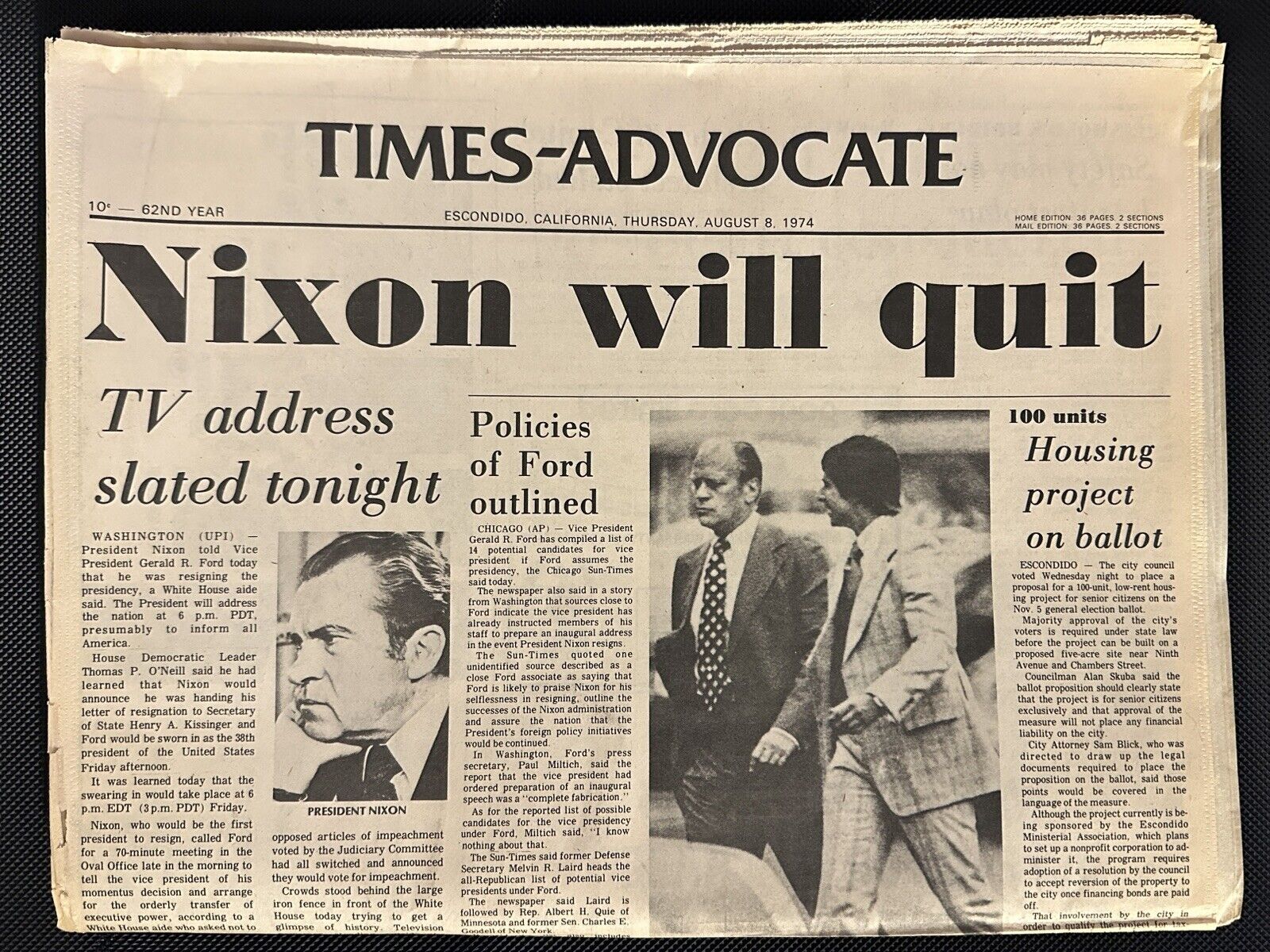 August 8, 1974-Escondido Times-Advocate Newspaper-NIXON RESIGNS-Vintag San Diego