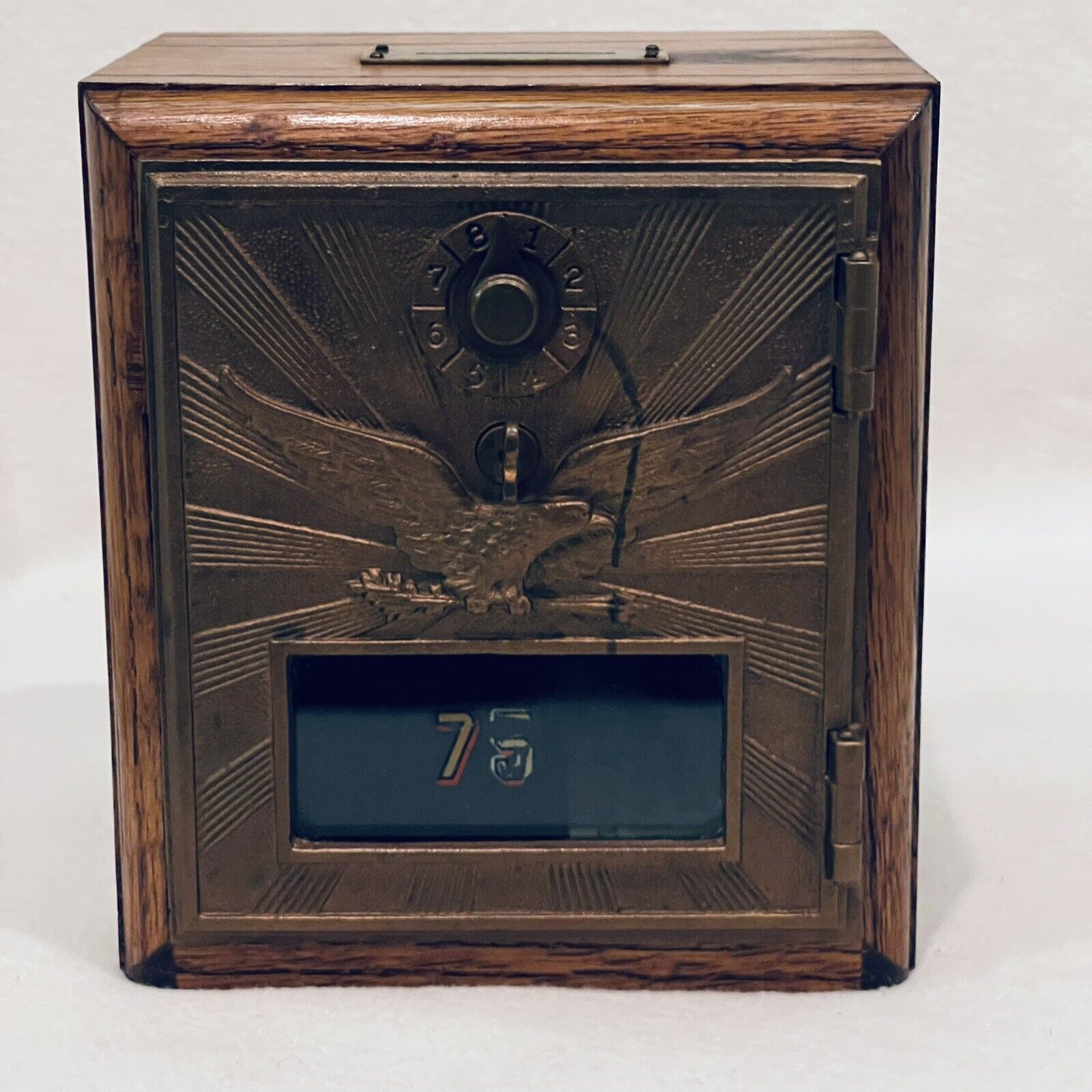 Antique Brass Post Office Box Eagle Design Bank Medium  Oak