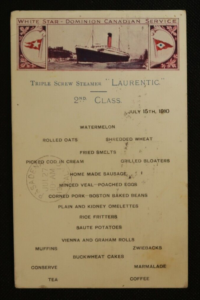 1910 SS Laurentic Food Dinner Menu White Star Line Dominion Steamship Postcard