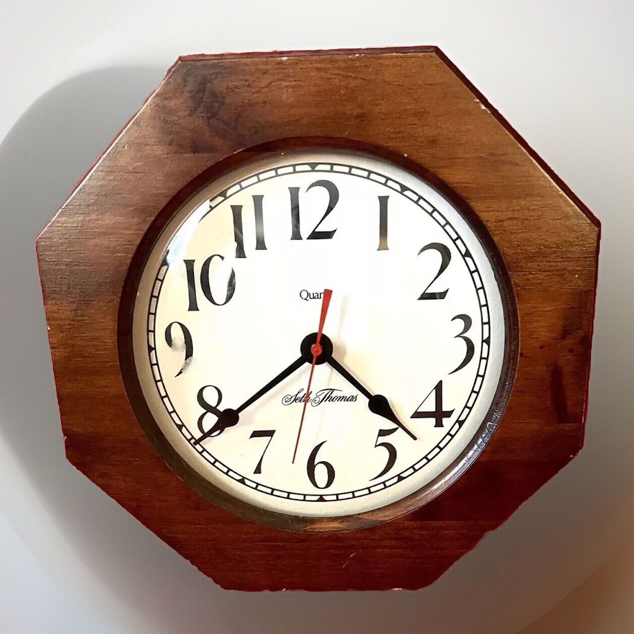 Vintage 1981 Seth Thomas 10” Octagon Wall Clock #2454A Pine Wood Frame WORKS