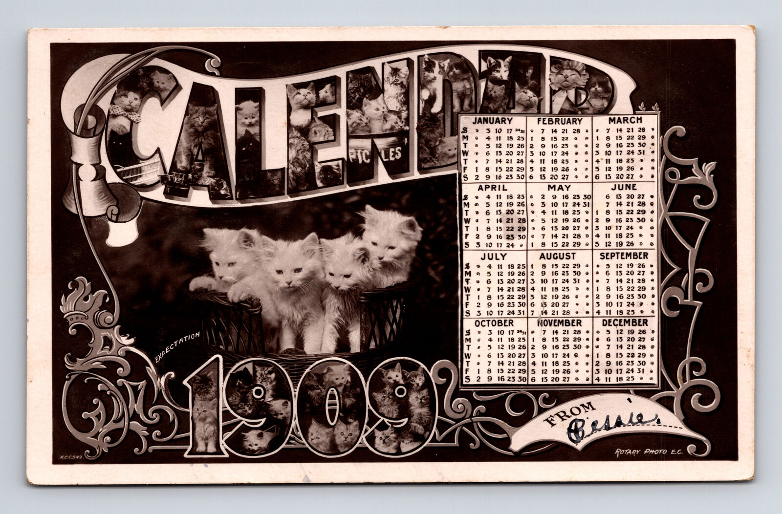 1909 Large Letter Cat Calendar Unadilla Nebraska NE Rotary Press Postcard