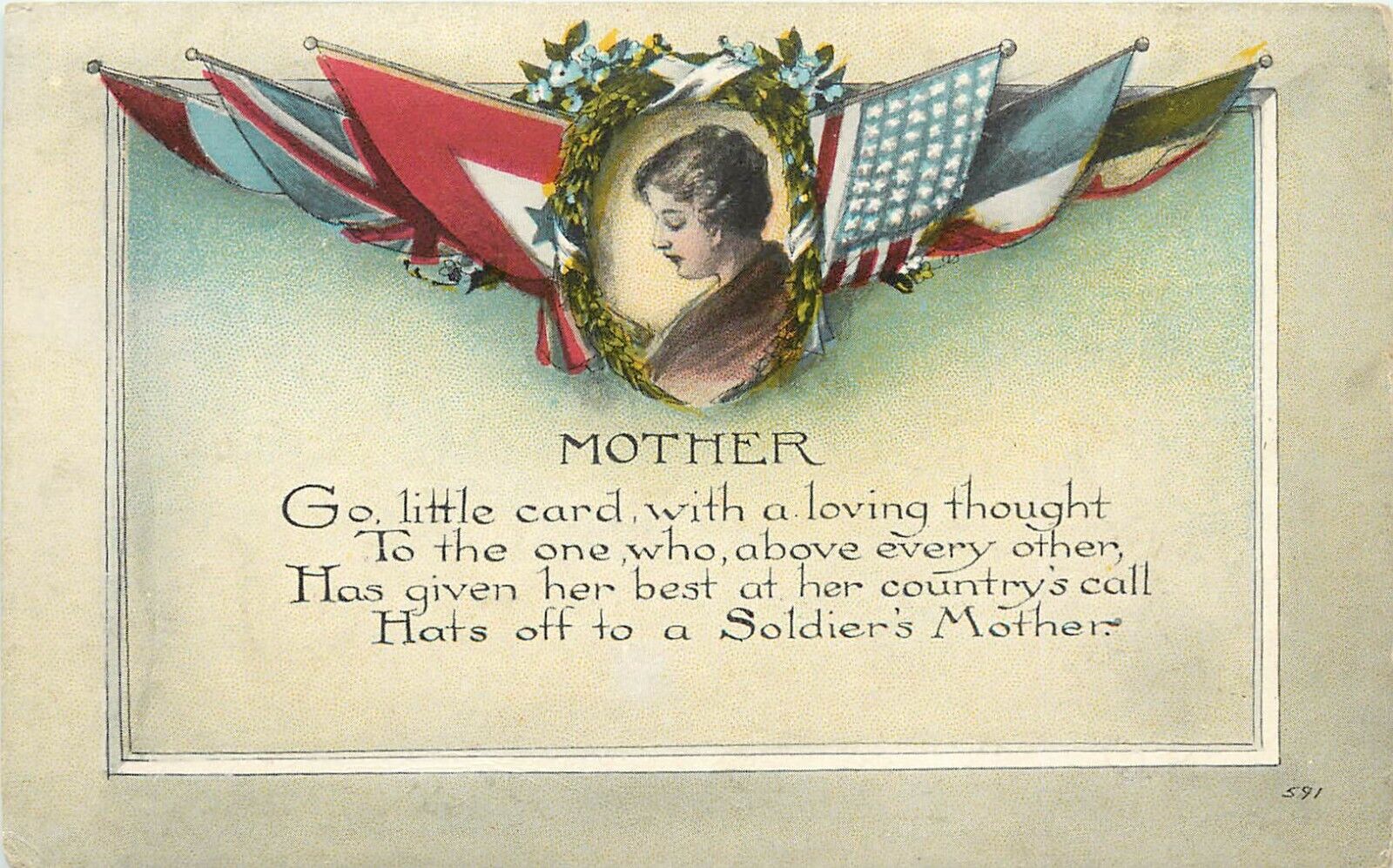WWI era Postcard; Poem to a Soldier's Mother, Lady & Allied Flags, Ser. 591