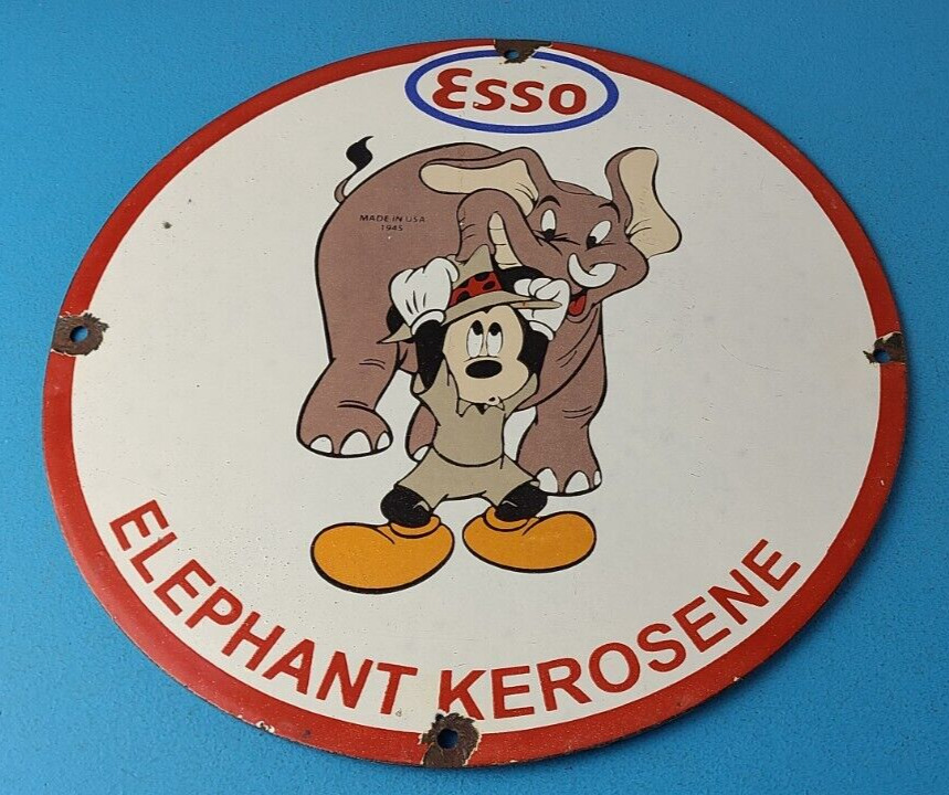Vintage Esso Gasoline Sign - Mickey Mouse Gas Service Station Porcelain Sign