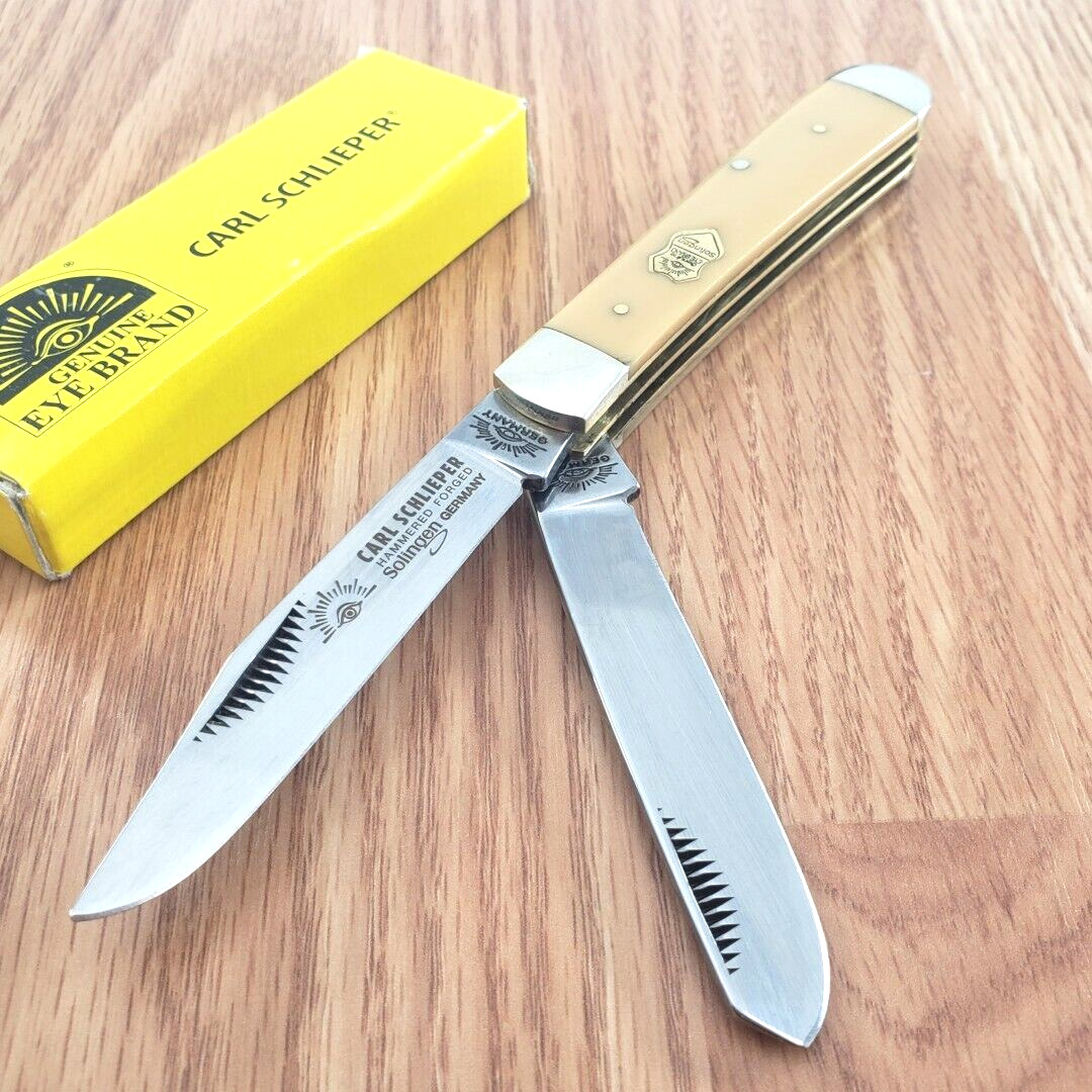 German Eye Trapper Pocket Knife Solingen Steel Blades Yellow Synthetic Handle