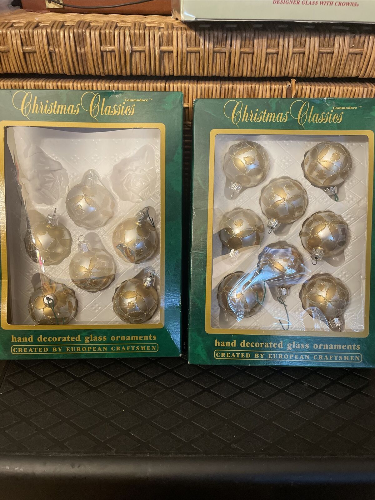 Lot 2 boxes Commodore Christmas Classics Small Gold Silver Glass Ornaments