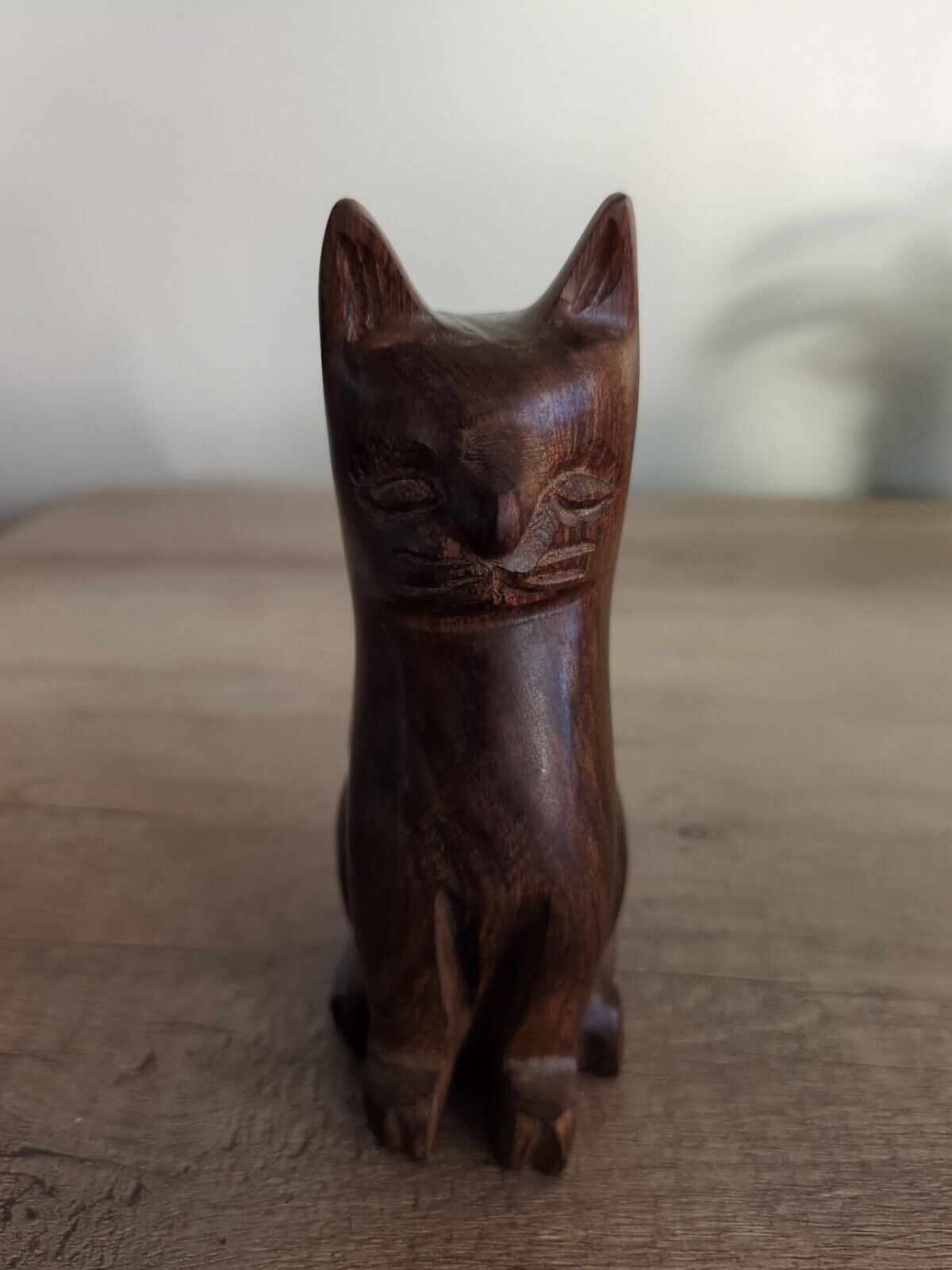 Vintage Hand Carved Solid Wood Cat Statue Figure
