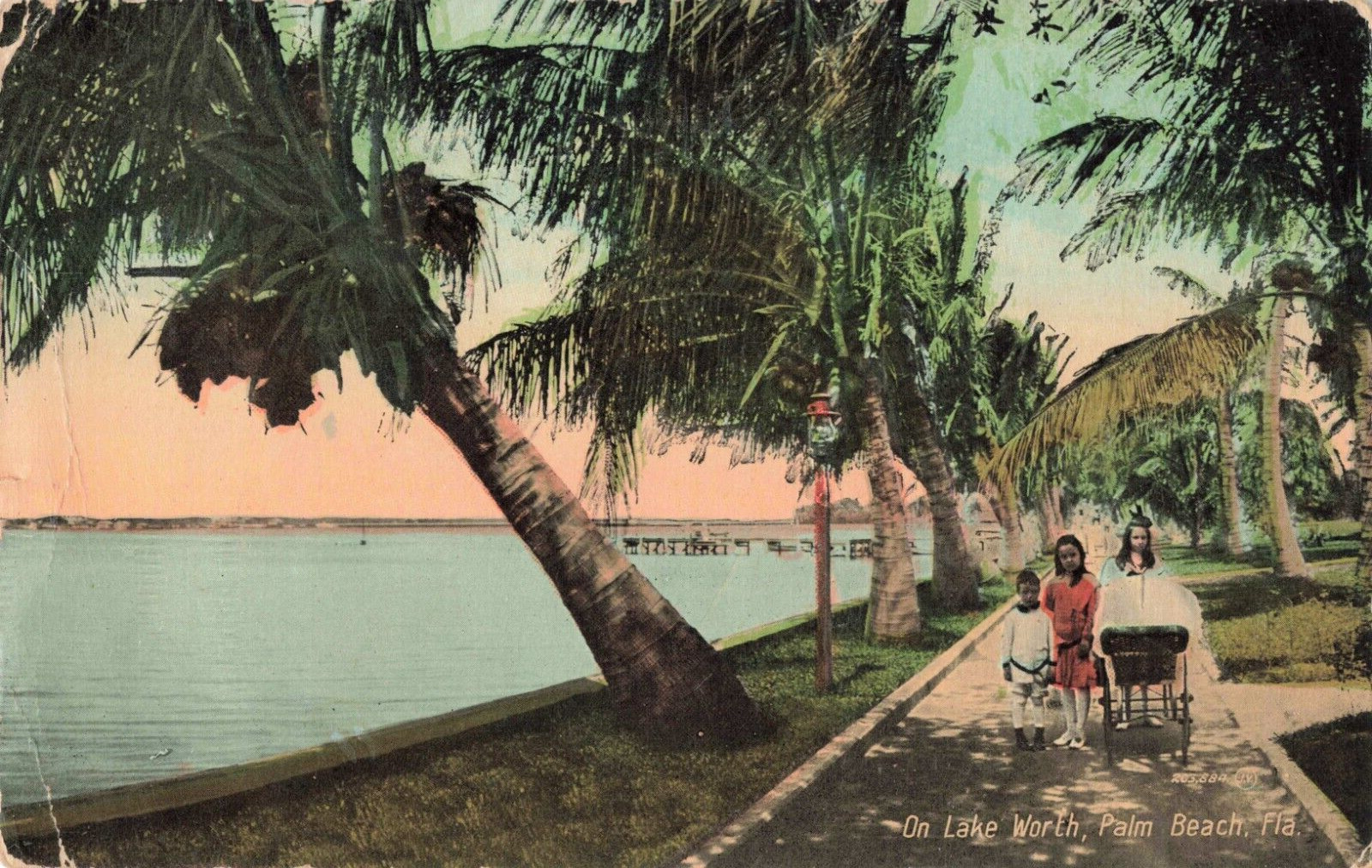 Palm Beach Florida, Kids with Stroller Walking near Lake Worth, Vintage Postcard