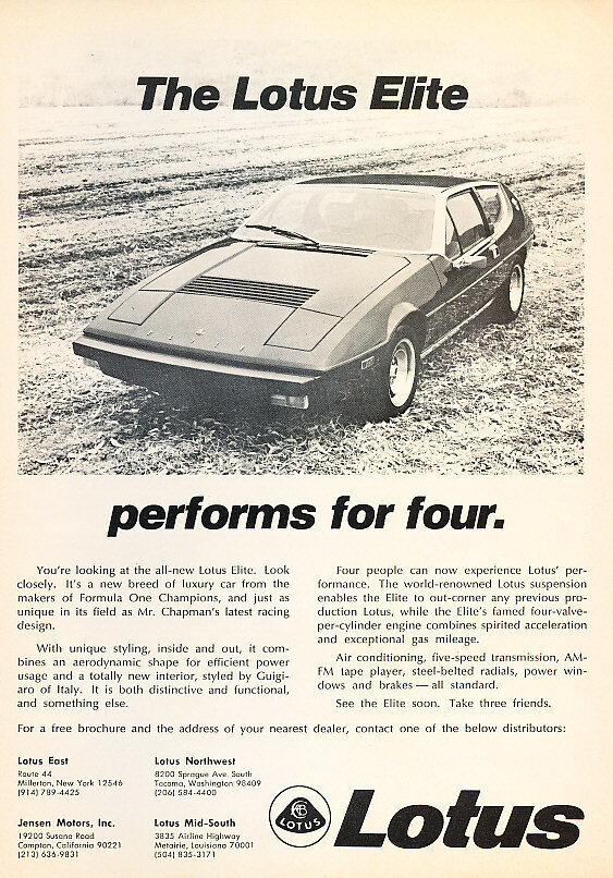 1975 Lotus Elite - performer -  Classic Vintage Advertisement Ad A63-B