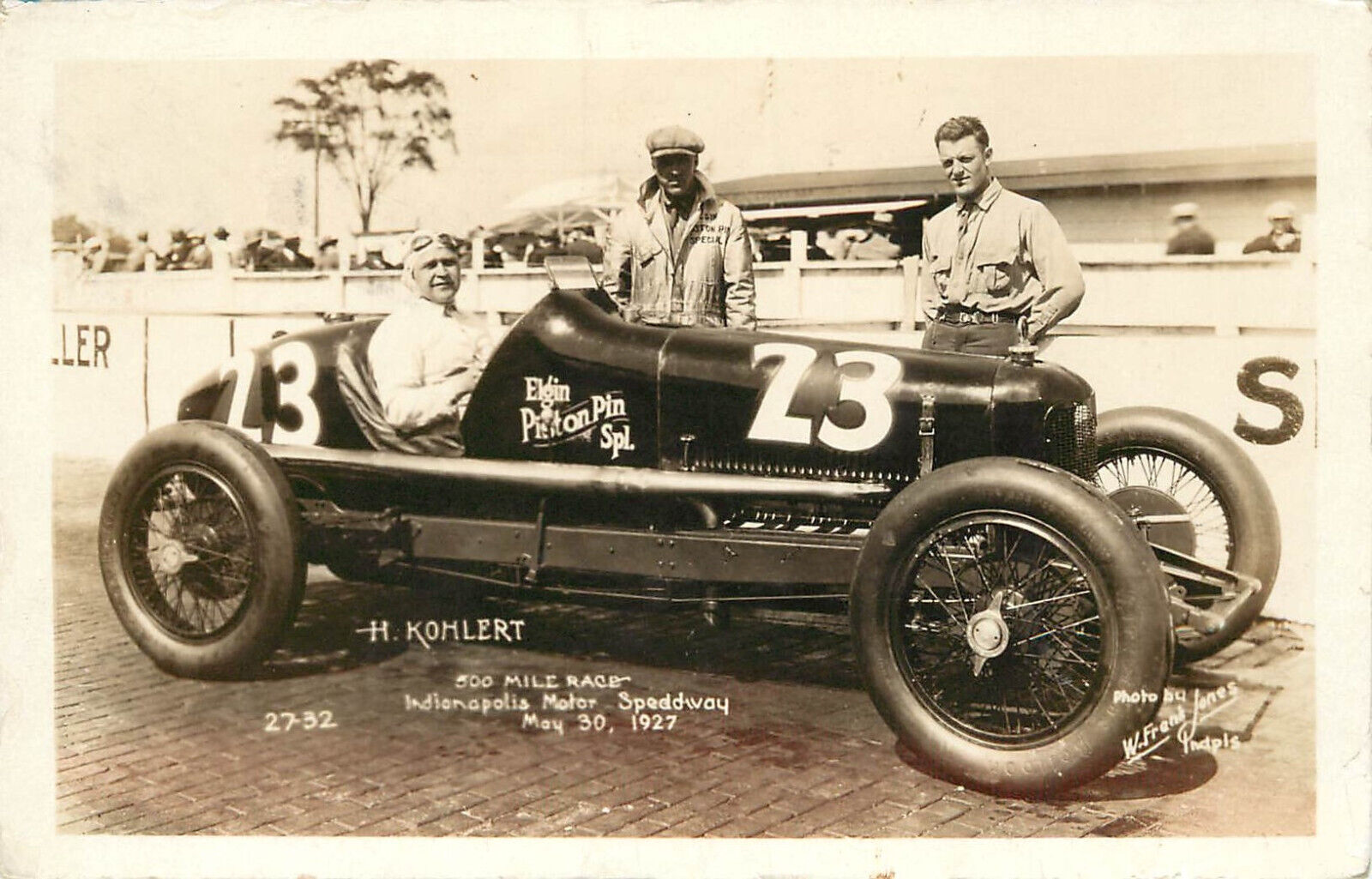 RPPC Postcard Indy 500 Indianapolis speedway 1927 H. Kohlert 23 Elgin Piston Pin
