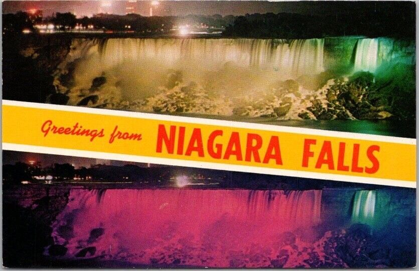 Vintage NIAGARA FALLS New York Greetings Postcard Two Night Views / Chrome