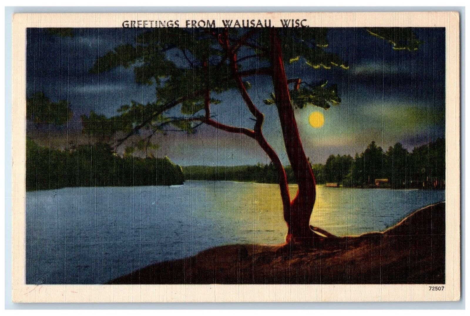 Wausau Wisconsin WI Postcard Greeting Card Lake By Night Moon Scene c1940\'s
