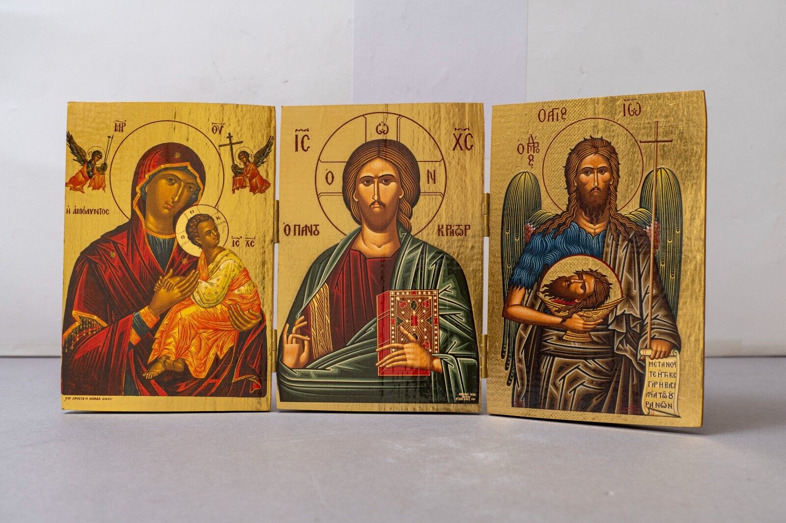 Christianity Triptych wooden Icon with the Jesus Christ Virgin Mary Saint John.