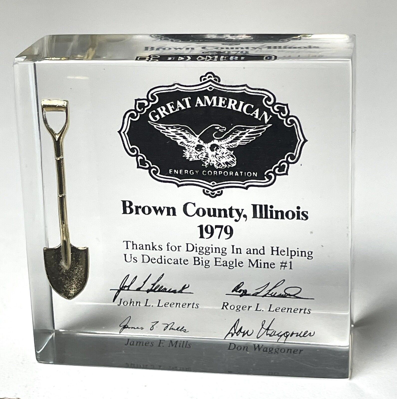 Vintage 1979 Brown County Illinois Big Eagle Mine Dedication Lucite Paperweight