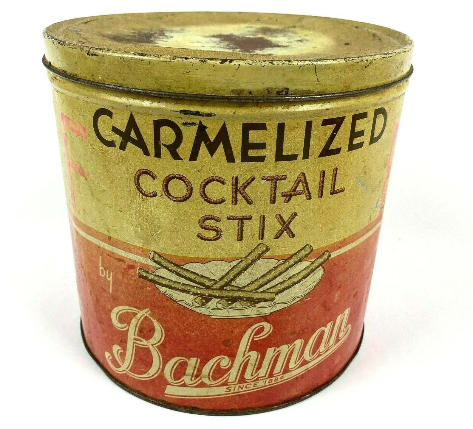 Vintage Bachman Pretzel Tin Metal Caramelized Cocktail Stix  Advertising Empty