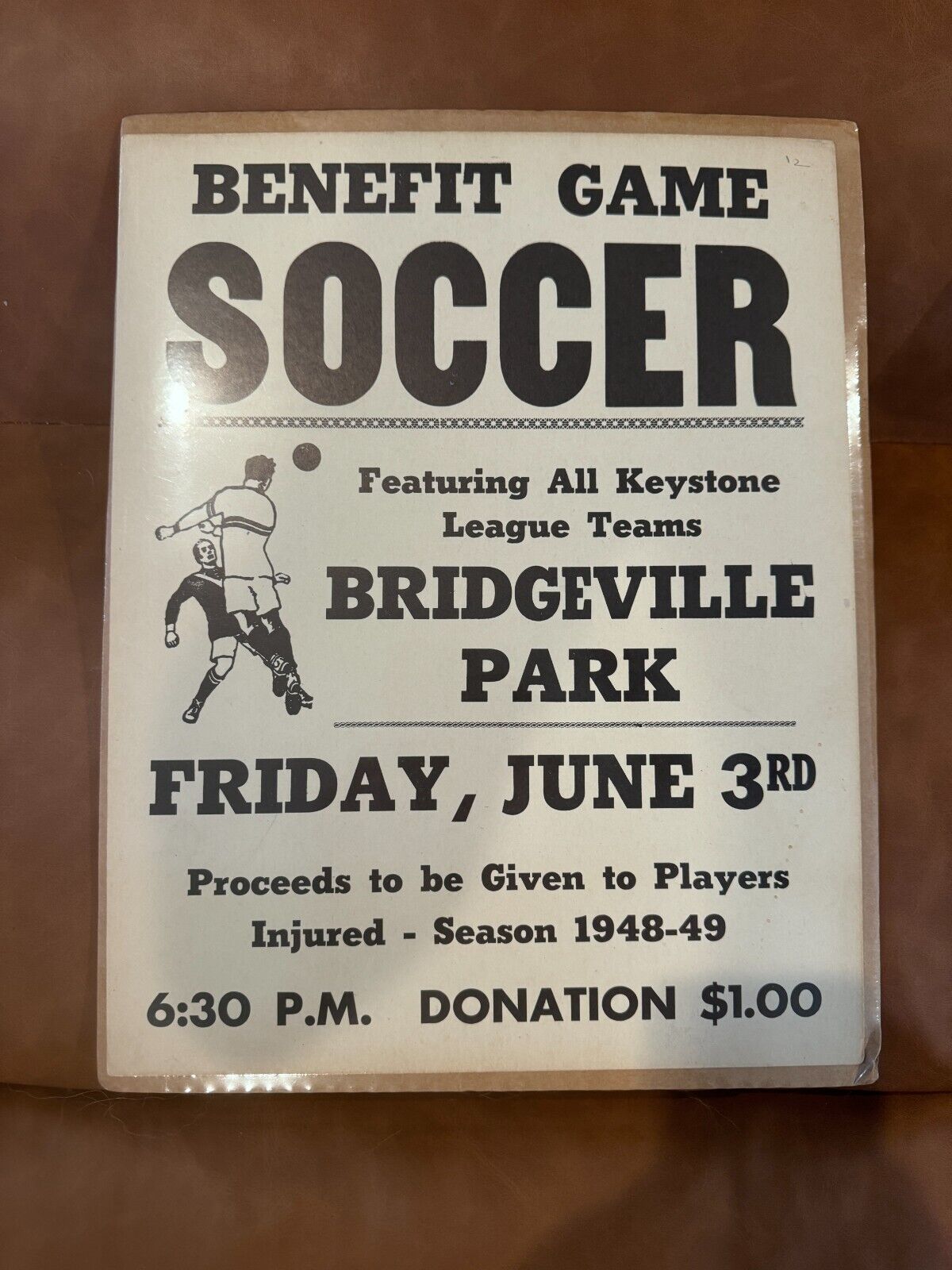 Vintage Benefit Game Soccer Paper Advertisement Sign
