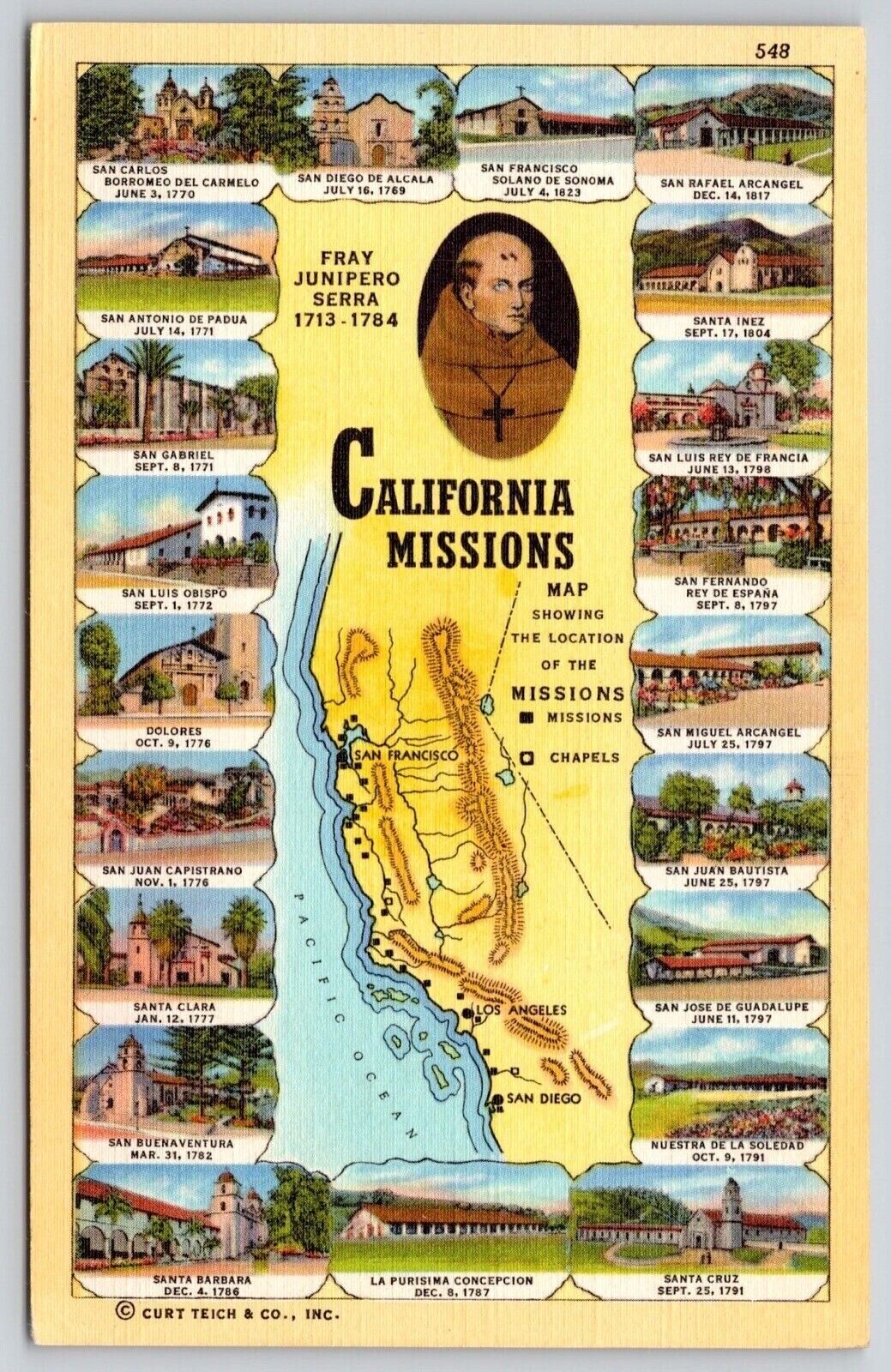 California Missions Fray Junipero Serra San Jose De Gaudalupe Map VTG Postcard