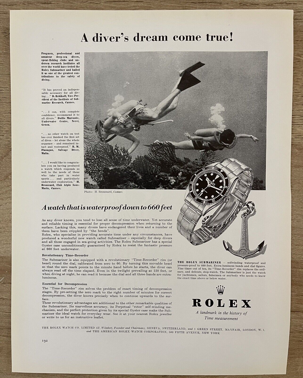 1956 Rolex SUBMARINER Watch Vintage Print Ad - Very Early Advertisement Anchor