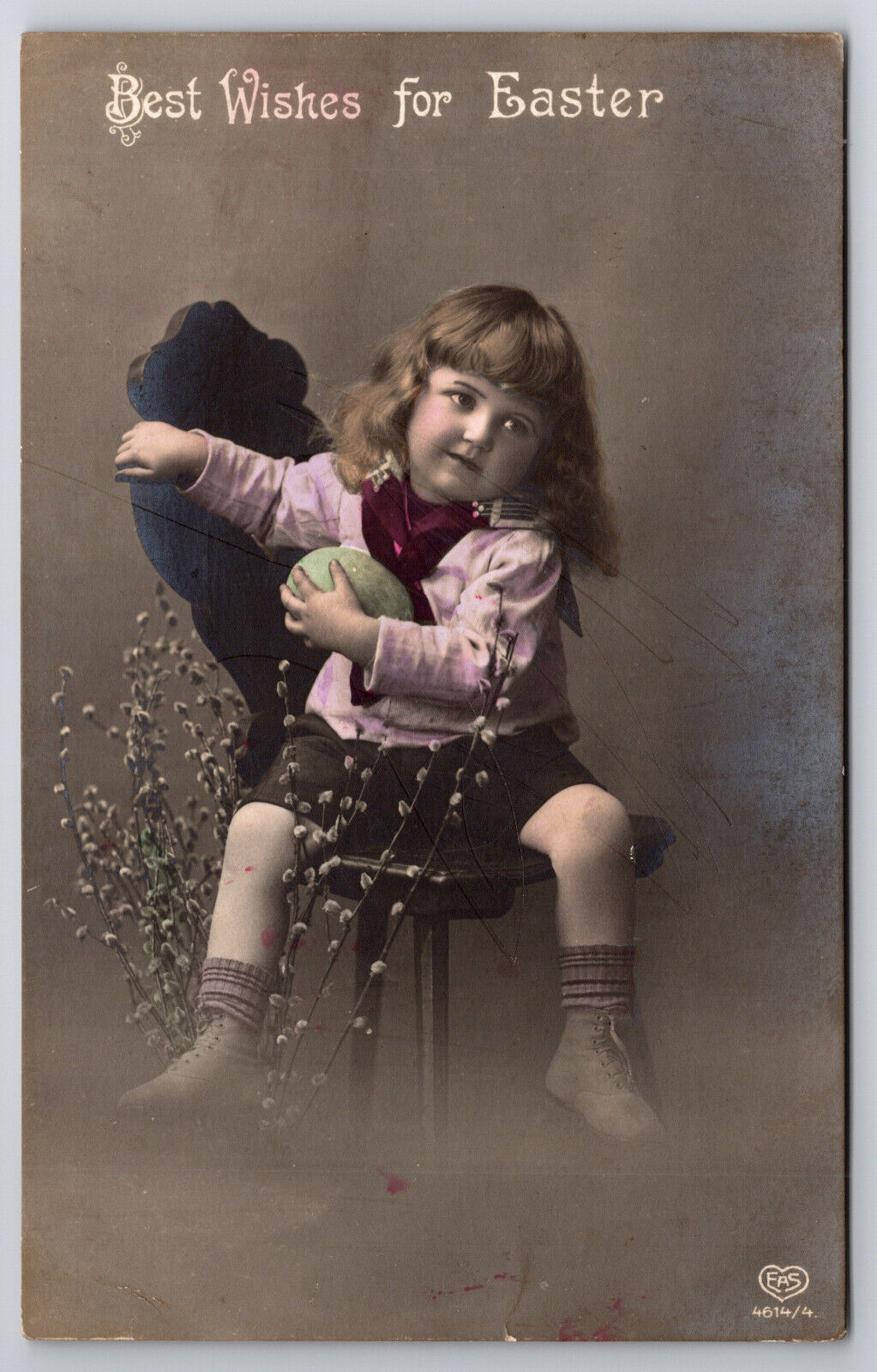 Antique Easter Postcard C1915 Lovely Child With Egg And Pussy Willow\'s T230