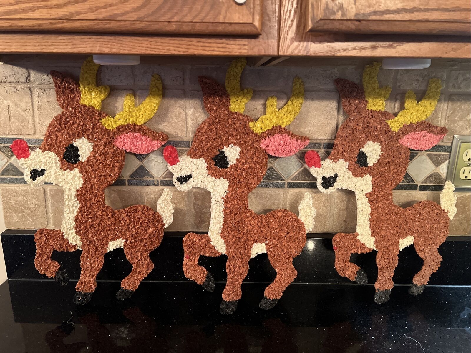 Vintage Melted Plastic Popcorn Rudolph Red Nose Reindeer Set Of Three